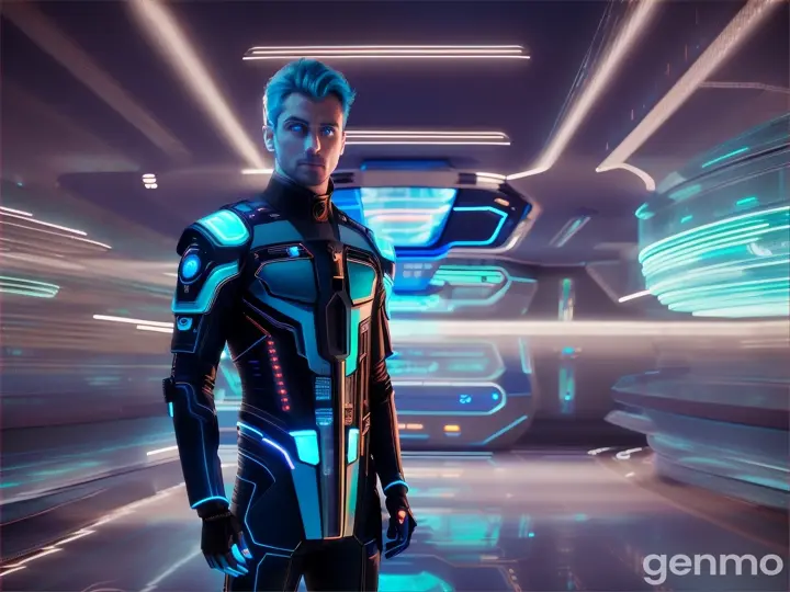 image from 2300 year:  EUROPEAN man in a futuristic Artificial look stands in front of neon blue lights.