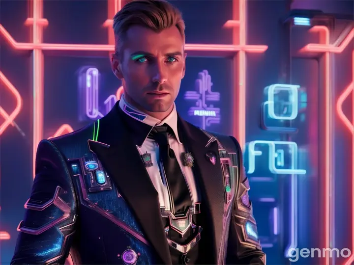 image from 2300 year:  EUROPEAN man in a futuristic Artificial look stands in front of neon lights.