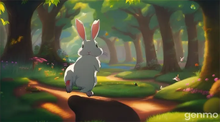 A lively, curious rabbit in a vibrant forest, looking at various animals and trying to imitate them