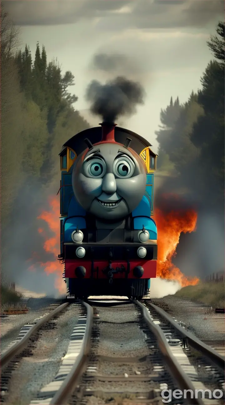 Thomas the Train in a terrifying form. He now has spider legs (priority 4), sharp teeth (priority 3), and a creepy face (priority 2). Place this version of Thomas in the unsettling environment of Zombieland.

Focus on the following elements:

Appearance: Detail the spider legs, sharp teeth, and creepy face with emphasis on their horrifying aspects.
Environment: Describe the desolate, eerie landscape of Zombieland.
Atmosphere: Create a chilling, suspenseful mood through vivid descriptions.
Ensure the description is vivid and evokes a sense of dread and horror.