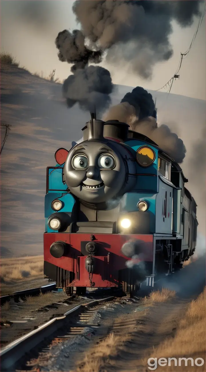 Describe Thomas the Train in a terrifying form. He now has spider legs (priority 4), sharp teeth (priority 3), and a creepy face (priority 2). Place this version of Thomas in the unsettling environment of Zombieland.

Focus on the following elements:

Appearance: Detail the spider legs, sharp teeth, and creepy face with emphasis on their horrifying aspects. Include red smoke and green fire emanating from the spider legs.
Environment: Describe the desolate, eerie landscape of Zombieland.
Atmosphere: Create a chilling, suspenseful mood through vivid descriptions.
Ensure the description is vivid and evokes a sense of dread and horror.