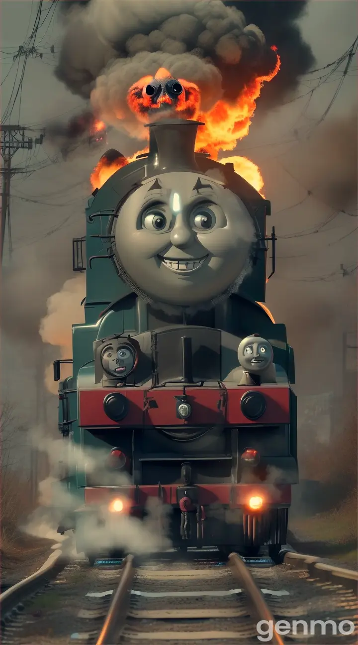 Describe Thomas the Train in a terrifying form, assigning priority weights to his features. He now has spider legs (priority 4), sharp teeth (priority 3), and a creepy face (priority 2). Additionally, include red smoke and green fire (priority 1) emanating from the spider legs. Place this version of Thomas in the unsettling environment of Zombieland.

Focus on the following elements:

Appearance:
Spider legs (priority 4): Detail the grotesque, arachnid legs sprouting from Thomas, emphasizing their unsettling movement and horrifying structure.
Sharp teeth (priority 3): Describe the menacing, razor-sharp teeth that replace his friendly smile, highlighting their predatory nature.
Creepy face (priority 2): Paint a picture of Thomas's once-friendly face, now transformed into a grotesque and terrifying visage.
Red smoke and green fire (priority 1): Illustrate the eerie red smoke and green fire emanating from Thomas’s spider legs, adding an extra layer of horror.
Environment: Describe the desolate, eerie landscape of Zombieland, with abandoned structures, flickering lights, and an ominous atmosphere.
Atmosphere: Create a chilling, suspenseful mood through vivid descriptions, ensuring the setting and Thomas’s appearance evoke a sense of dread and horror.