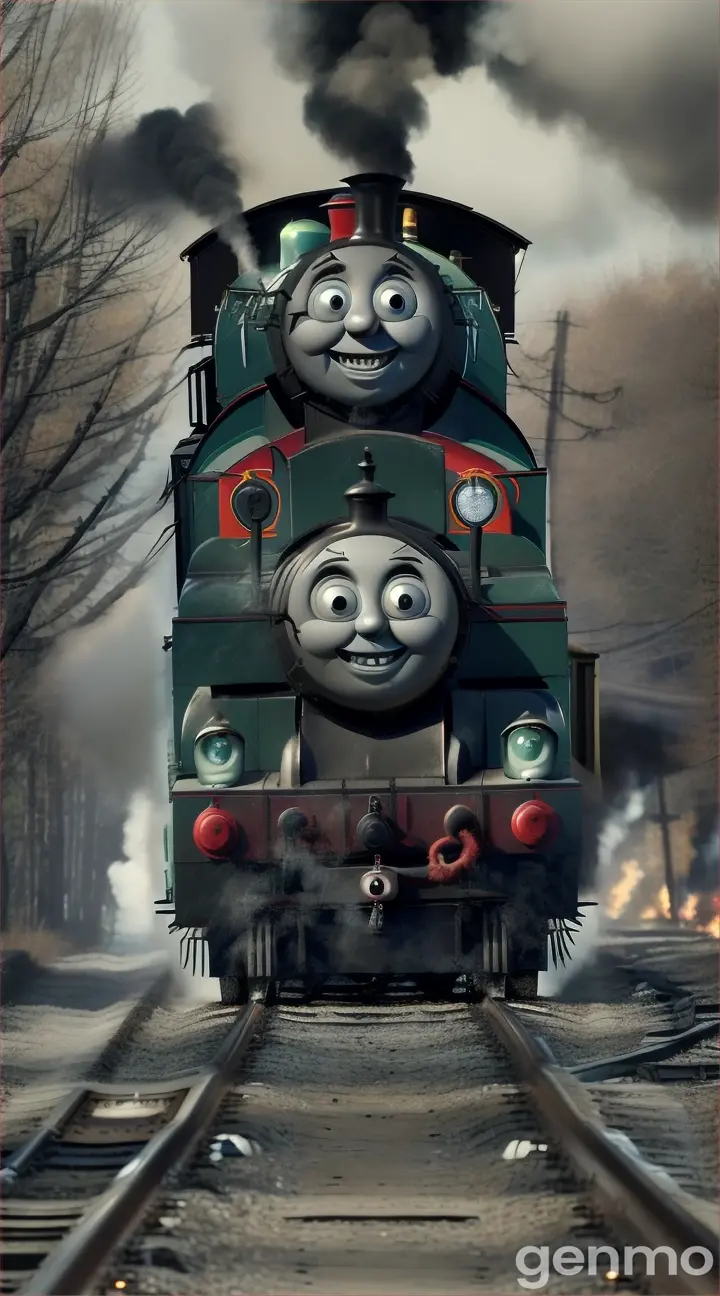 Describe Thomas the Train in a terrifying form. He now has spider legs (priority 4), sharp teeth (priority 3), and a creepy face (priority 2). Place this version of Thomas in the unsettling environment of Zombieland.

Focus on the following elements:

Appearance: Detail the spider legs, sharp teeth, and creepy face with emphasis on their horrifying aspects. Include red smoke and green fire emanating from the spider legs.
Environment: Describe the desolate, eerie landscape of Zombieland.
Atmosphere: Create a chilling, suspenseful mood through vivid descriptions.
Ensure the description is vivid and evokes a sense of dread and horror.