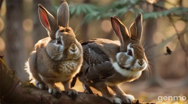 The rabbit notices a crow sitting idly on a tree branch.