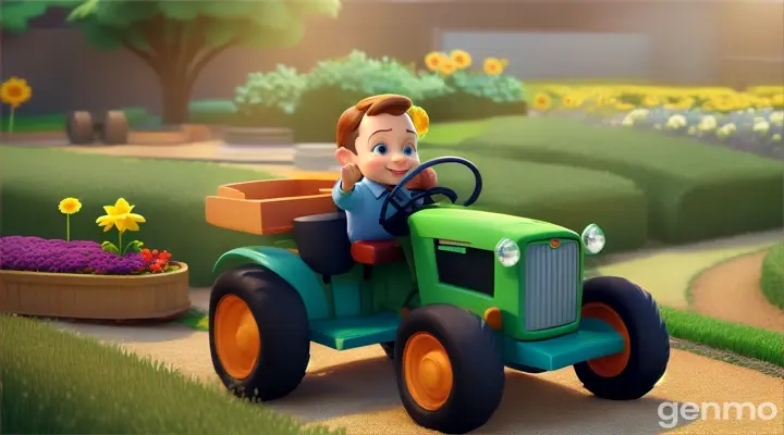 3d cartoon baby boss driving small tractor in garden