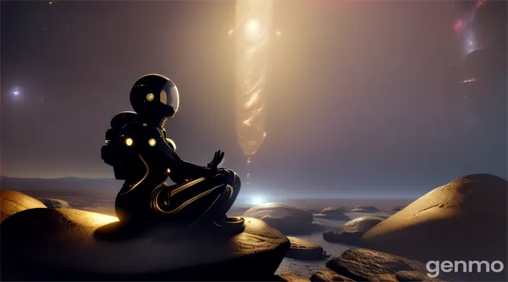 Masterpiece, (best quality), 32k cg wallpaper, illustration, meditating woman in black with thin gold highlights space suit, wearing a black glass space helmet, sitting on a rocky alien planet, floating rocks, background is space with stars, galaxies and planets, sci-fi, fantasy, futuristic lighting, detailed, intricate, cinematic, dark lighting, 16k UHD HD HDR, sharp focus, award winning, perfect exposure, macro photography, hyper photorealistic, Space, the final frontier. a vast and empty expanse, filled with stars and mysteries waiting to be explored. it is both beautiful and terrifying, flowing water in a sand clock in the middle of the desert realistic macro photography using a Canon EF 100mm f/2.8 Macro USM lens