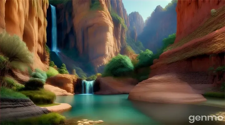 Hidden waterfall oasis in a desert canyon, lush and inviting, fantasy digital painting