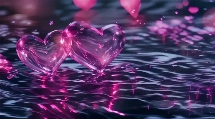 a couple of pink hearts floating on top of water