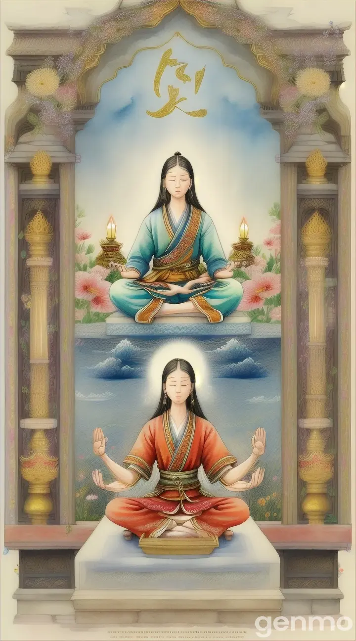 "Illustrations showing people accumulating virtue, meditating or doing good deeds, and finding peace after escaping suffering.". 9:16