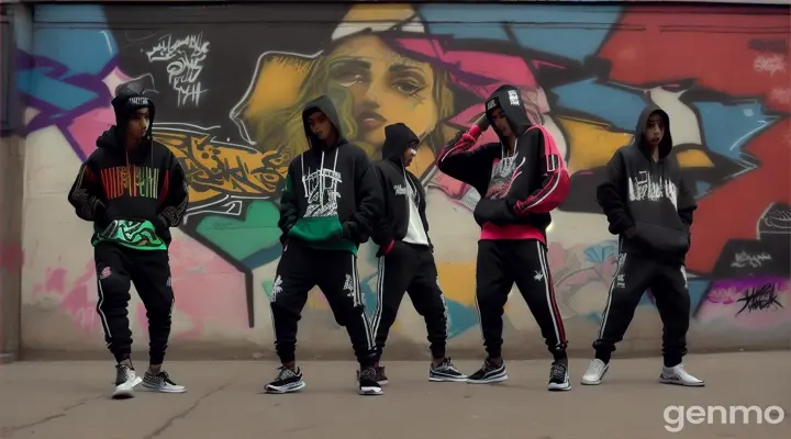 A group of young Pakistani hip hop dancers dressed in trendy streetwear, including hoodies and sneakers, dancing hip hop in front of a graffiti-covered wall in an urban alley. The 8k wide shot captures the vibrant street art and the dancers' confident stances, with their intense gazes and relaxed postures reflecting their cool, modern attitude.