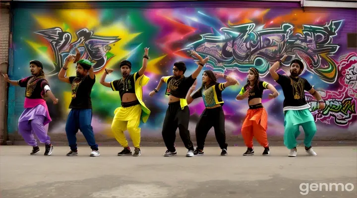 A group of young Pakistani hip hop dancers dressed in trendy streetwear, including hoodies and sneakers, performing fast-paced hip hop dance moves in front of a graffiti-covered wall in an urban alley. The 8k wide shot captures the vibrant street art and the dancers' energetic movements, their intense gazes, and relaxed postures reflecting their cool, modern attitude.