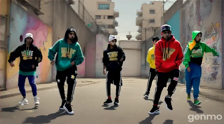 A group of young Pakistani hip hop dancers dressed in trendy streetwear, including hoodies and sneakers, performing fast-paced hip hop dance moves in front of a graffiti-covered wall in an urban alley. The 8k wide shot captures the vibrant street art and the dancers' energetic movements, their intense gazes, and relaxed postures reflecting their cool, modern attitude.




















