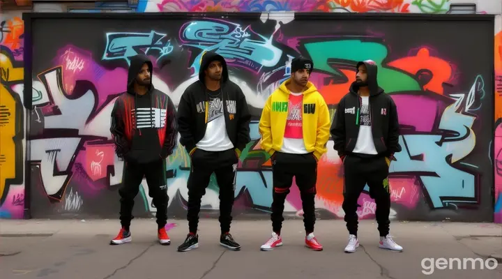 Three young Pakistani men dressed in trendy streetwear, including hoodies and sneakers, dancing hip hop in front of a graffiti-covered wall in an urban alley. The 8k wide shot captures the vibrant street art and the men’s confident stances, with their intense gazes and relaxed postures reflecting their cool, modern attitude.





















