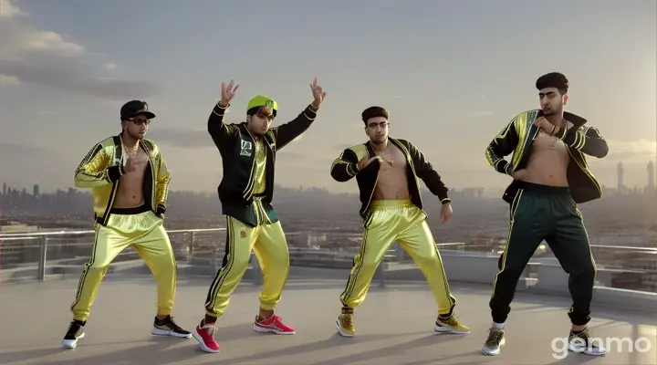 In an 8k wide shot, three young Pakistani men in designer tracksuits and gold chains are seen performing hip hop dance moves on a rooftop with a city skyline backdrop. The shot emphasizes the dynamic dance routine and the bustling city below, highlighting their energetic presence and urban style.