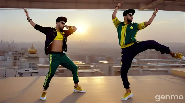 In an 8k wide shot, three young Pakistani men in designer tracksuits and gold chains are seen performing hip hop dance moves on a rooftop with a city skyline backdrop. The shot emphasizes the dynamic dance routine and the bustling city below, highlighting their energetic presence and urban style.