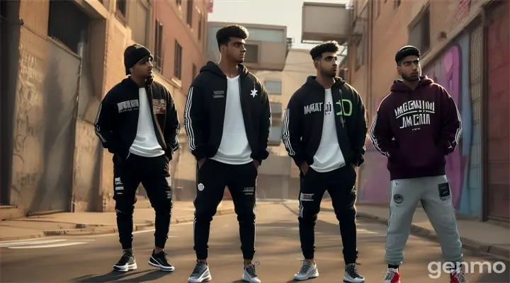 Three young Pakistani men dressed in trendy streetwear, including hoodies and sneakers, dancing hip hop in front of a graffiti-covered wall in an urban alley. The 8k wide shot captures the vibrant street art and the men’s confident stances, with their intense gazes and relaxed postures reflecting their cool, modern attitude.
