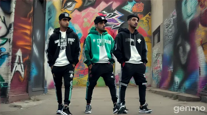 Three young Pakistani men dressed in trendy streetwear, including hoodies and sneakers, dancing hip hop in front of a graffiti-covered wall in an urban alley. The 8k wide shot captures the vibrant street art and the men’s confident stances, with their intense gazes and relaxed postures reflecting their cool, modern attitude.












































