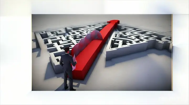 a man standing in front of a maze with a red arrow