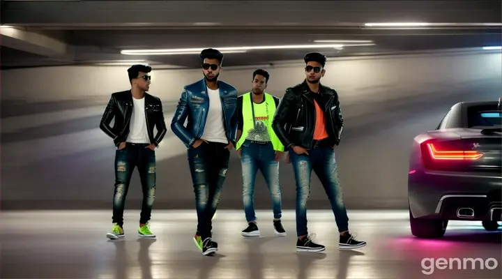 Three young Pakistani men, clad in stylish jeans, leather jackets, and high-top sneakers, Hip hop dancing around luxury cars in a neon-lit parking garage. The 8k wide shot captures the sleek vehicles and vibrant lighting.
