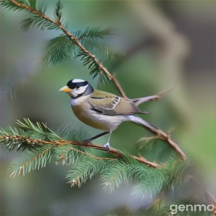 a bird perched on a branch of a pine tree