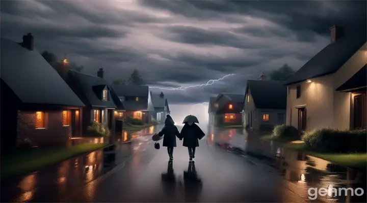 A stormy night, dark clouds, lightning flashing, heavy rain falling. A small village, people huddled in their homes, two boys stepping out into the rain.