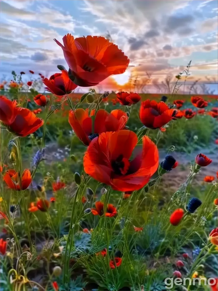 a field full of red flowers under a cloudy sky