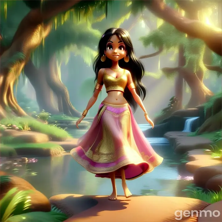 a beautiful golden skin  girl with black hair beaoutiful eyes wearing  light pink  lehenga walking bare foot in jungle  3D animation cartoon zoom out 