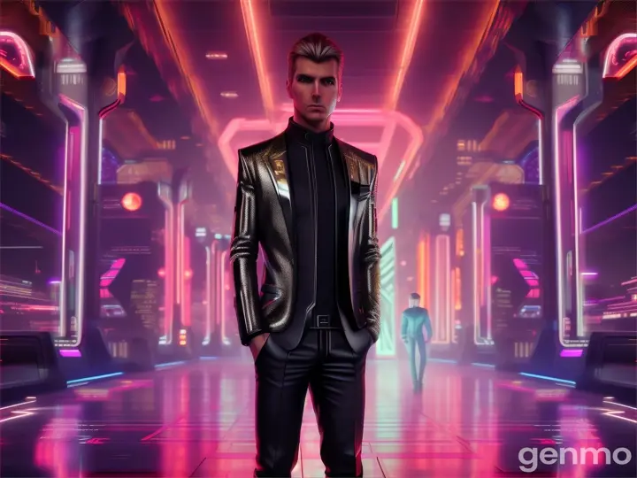 image from 2300 year:  EUROPEAN man in a futuristic Artificial look stands in front of neon lights.