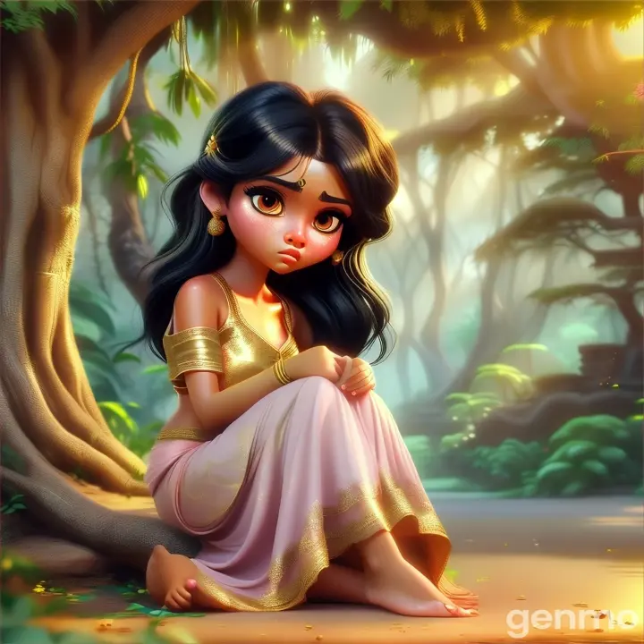 a sad   beautiful golden skin  girl with black hair beautiful eyes wearing tube golden blouse ,  wearing  light pink  lehenga sitting  barefoot  under tree  ,in beautiful  jungle  3D animation cartoon  zoom out 