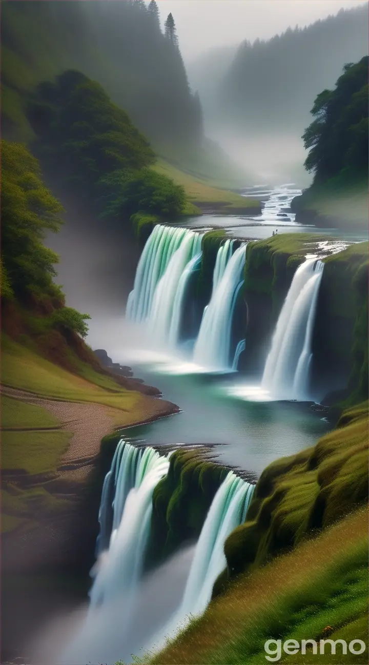 a high quality professional photo of a majestic "водопад", nature photography, long exposure, breathtaking, landscape, water flow, mist, scenic beauty, powerful, waterfall, cascading water, outdoor, wide shot, natural light, vibrant colors, tranquil, picturesque, serene, 4k