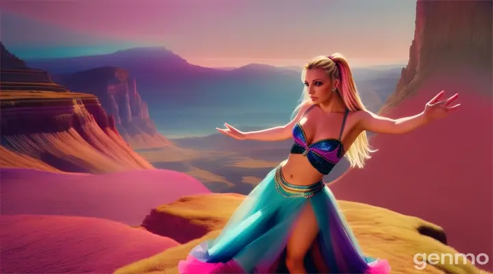 A surreal, Visconti-inspired music video capturing the raw emotion of Britney Spears as she dances in an otherworldly, fantastical landscape, with vibrant colors imbuing a sense of hope and wonder