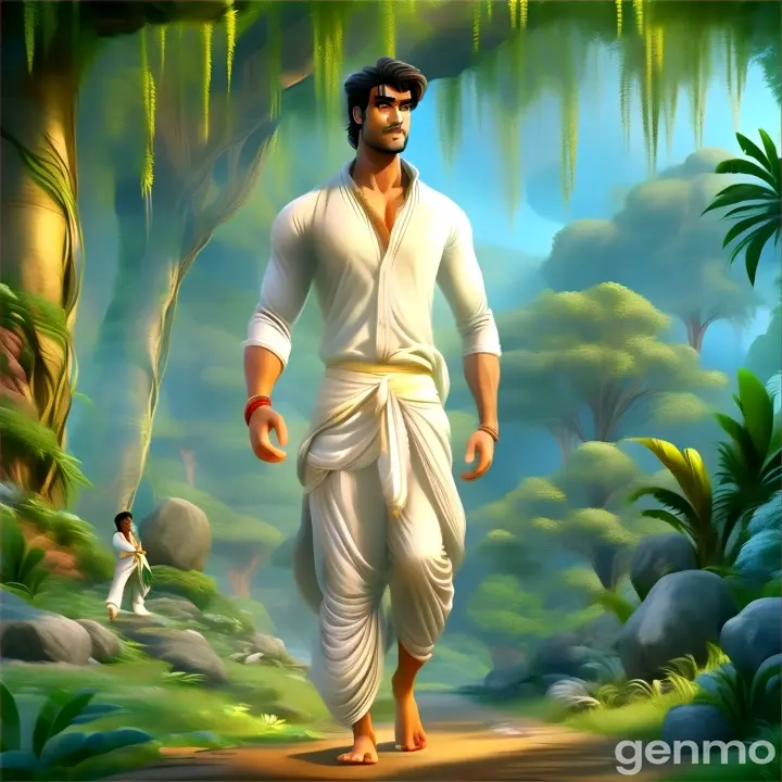 a handsome man wearing white shirt and white dhoti waling   bare foot  in jungle 3D animation cartoon indian style  zoom in 