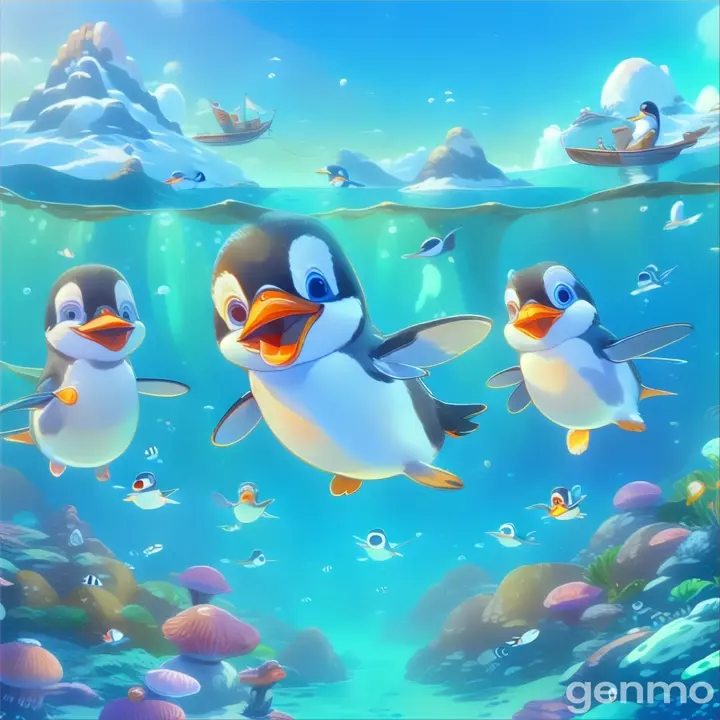 a group of penguins swimming in the ocean