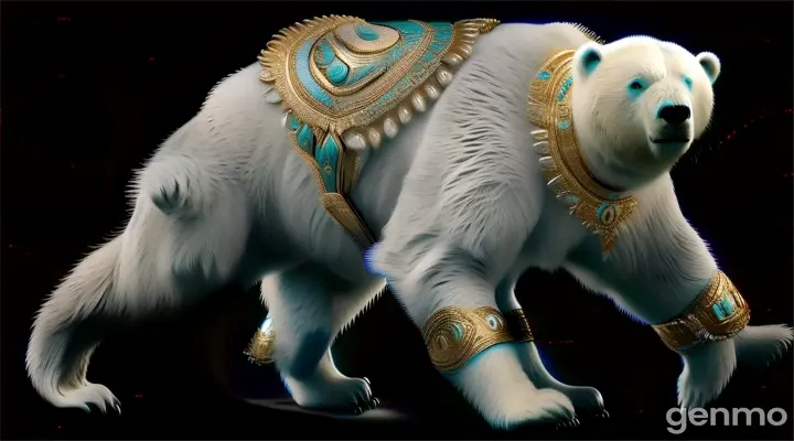 a white polar bear wearing a gold and turquoise costume