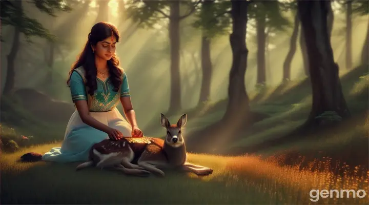 Healing the Deer: "/imagine: Suyashini healing a wounded deer with her magical powers in the forest, surrounded by vibrant flora, photorealistic, 8k, --ar 16:9"
