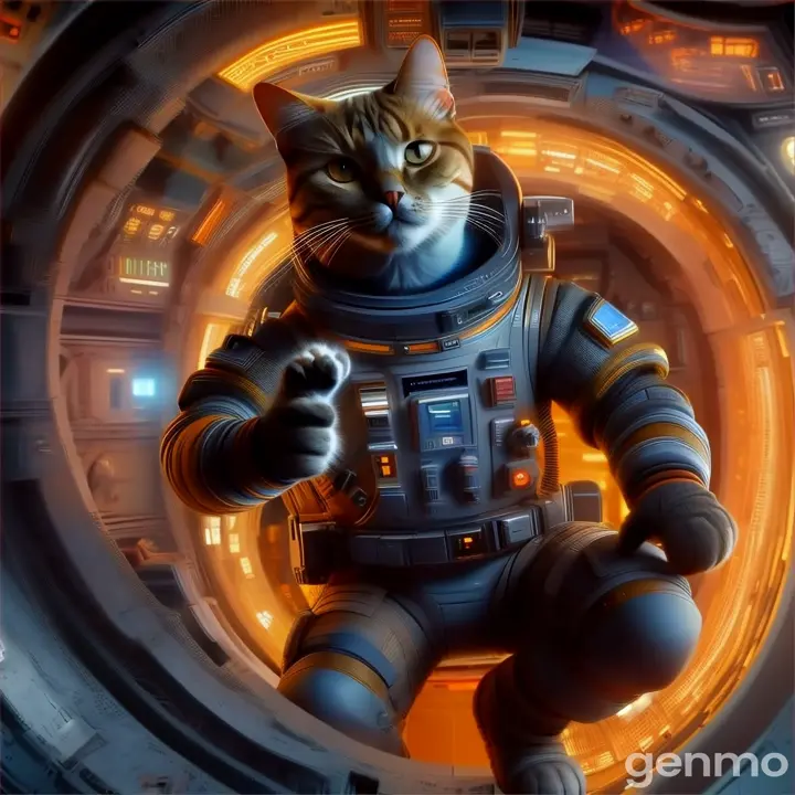 a cat in a space suit standing inside of a space station