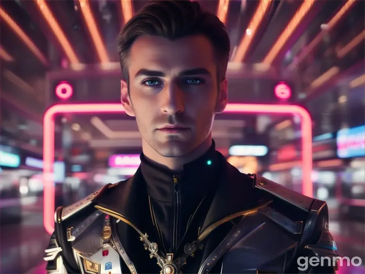 image from 2300 year:  EUROPEAN man in a futuristic Artificial look stands in front of neon lights.