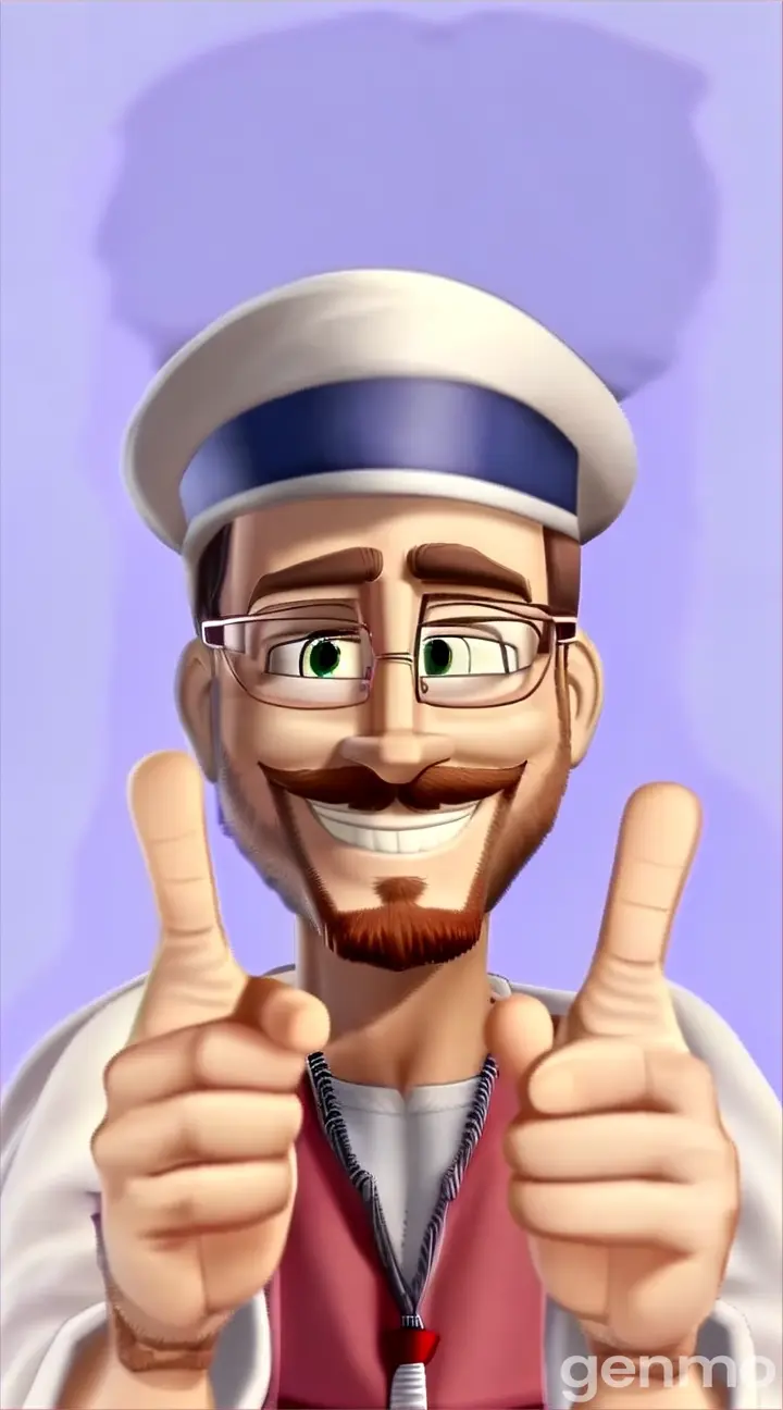 a man with glasses and a beard giving a thumbs up "winking"