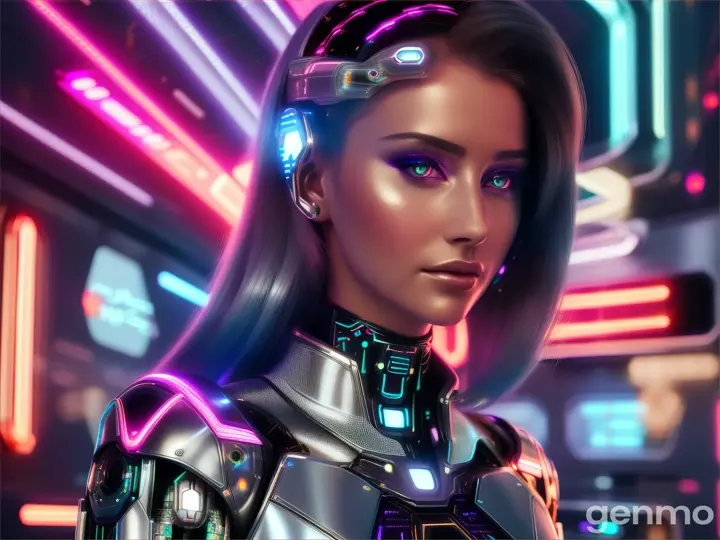 A BEAUTIFUL EUROPEAN woman in a futuristic look stands in front of neon lights. Artificial intelligence.