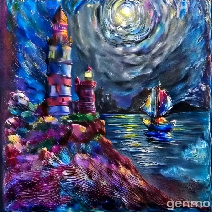 a painting of a lighthouse with a sailboat in the background
