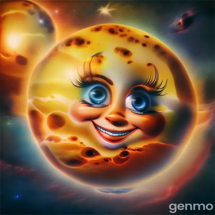 a yellow planet vunus smiley face with blue eyes in space shine 