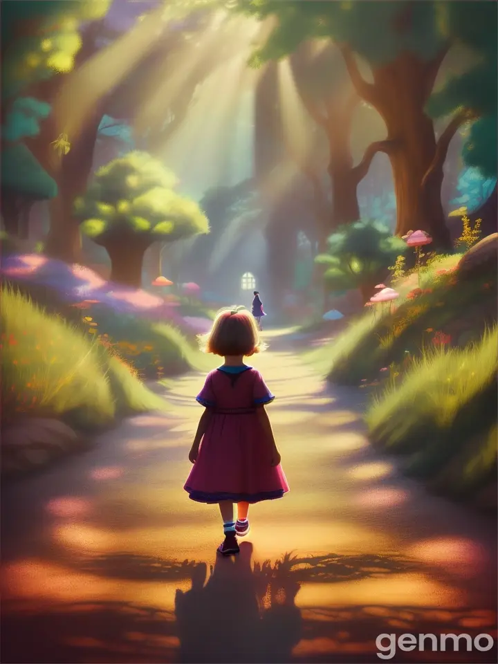 Little girl walking on Dusty dark path cartoon 
