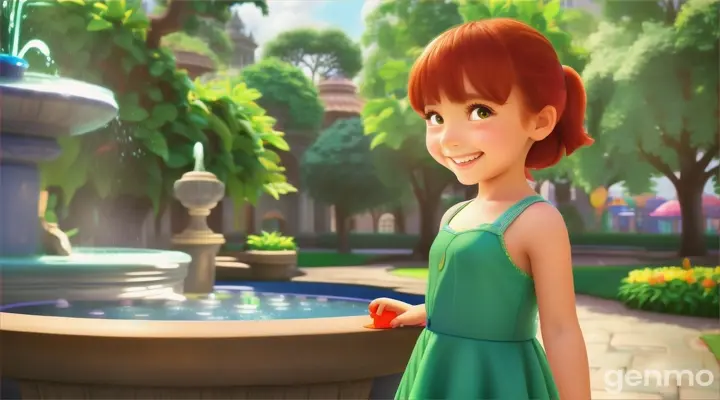 Little girl wishes in front of fountain cartoon 