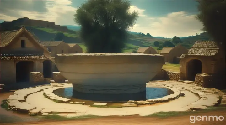 Visualize the village well, a large stone structure that has almost dried up, surrounded by worried villagers discussing the dire situation