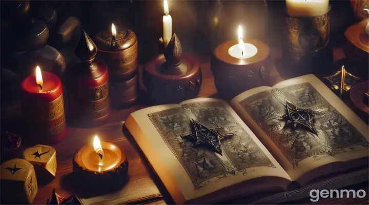 A collection of witchcraft objects, from crystals to burning candles, set upon a rustic table under moonlight, with ancient scrolls in the background 