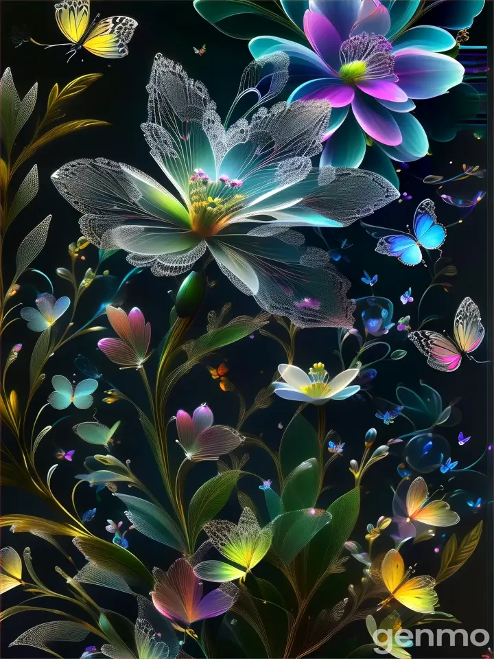 a painting of flowers and butterflies on a black background