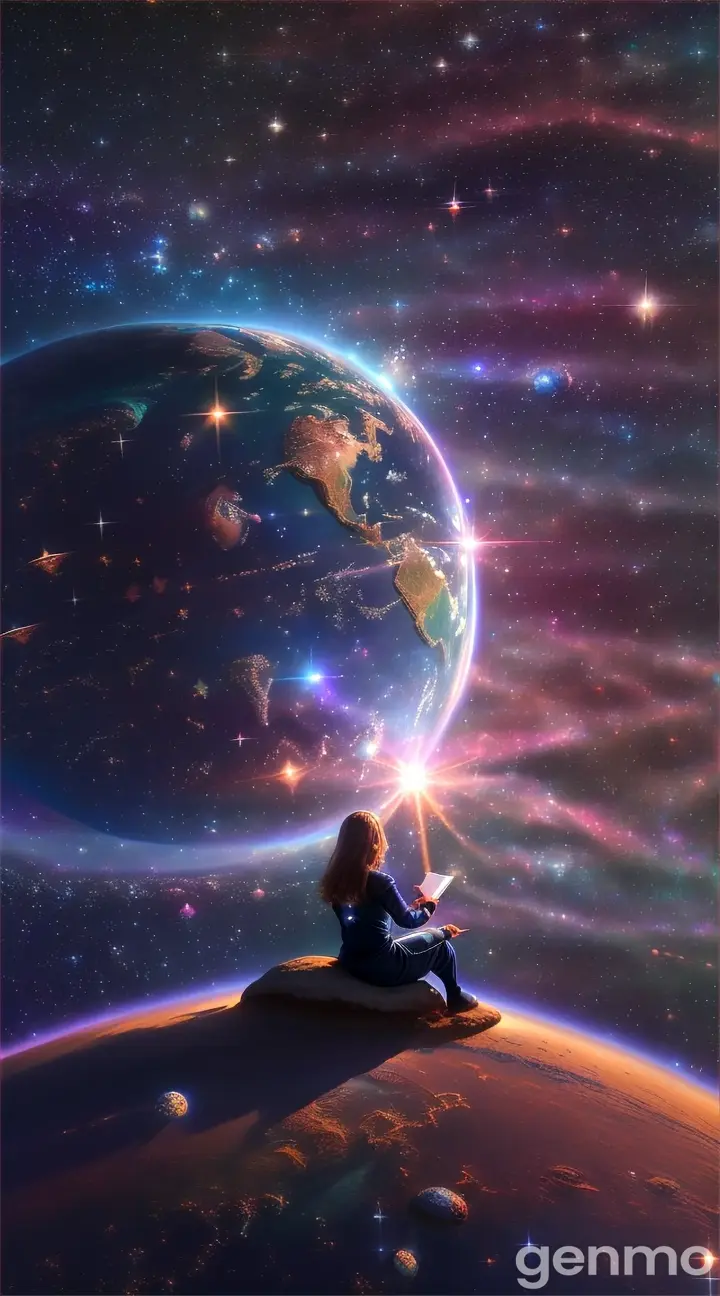 A figure sitting on an Earth-like globe, surrounded by glittering stars, gazing out into the universe with a relaxed, meditative demeanor.