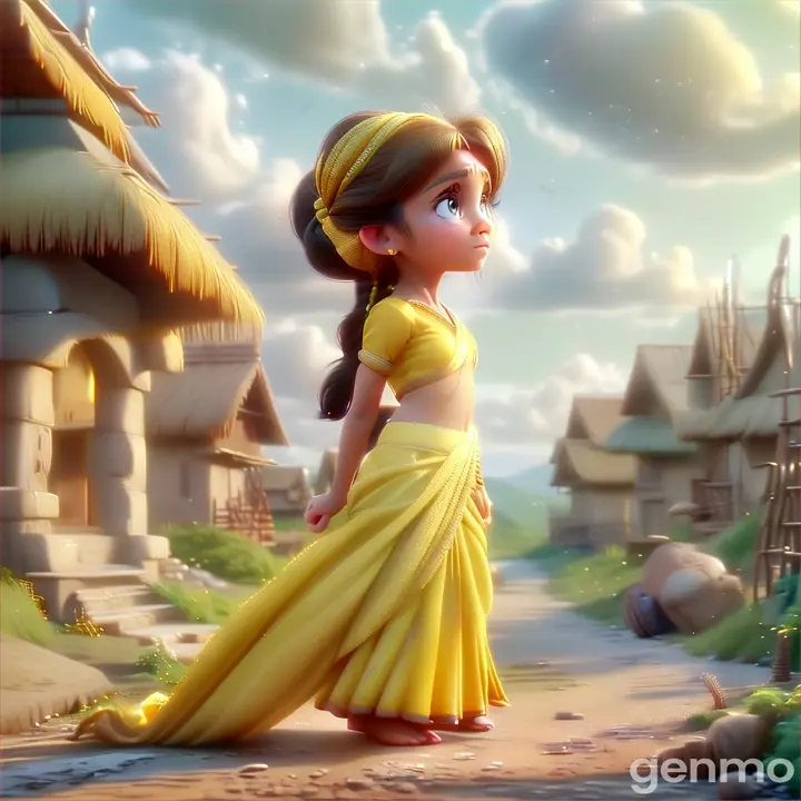 a small cute girl wearing light yellow saree  and yellow  blouse and braid  sadly standing  bare foot  looking up in sky  in village  posterior view 3D animation cartoon  zoomi 