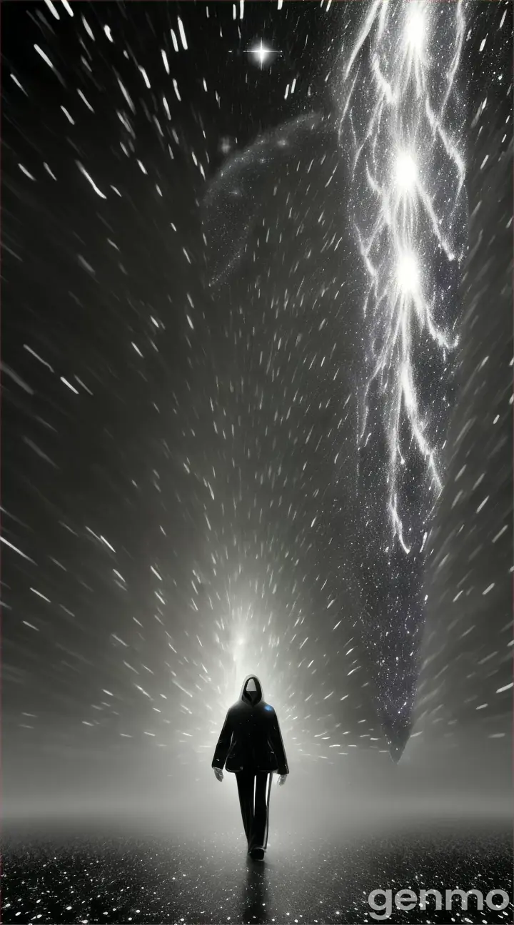 A figure walking a path into a glittering galaxy, with the stars raining down around them in a surreal, sparkling shower Black and white composition black figure above flat earth  