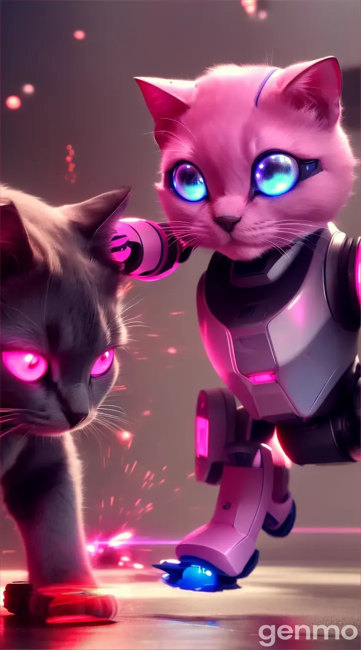 Deep Pink cute small robot cat is battling with gun with a robot mouse, both have blue glowing eyes, sfx, vfx, stable diffusion,Alchemy, 9:16 ratio